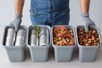 Organized home storage: tin cans, natural decor, and wooden pieces in gray bins