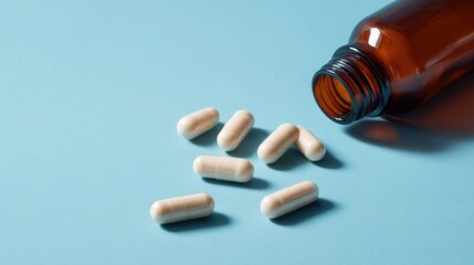 A transparent brown bottle with a round opening and spiral cap lies on a flat blue surface,