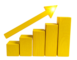  3D Yellow Bar Growth Chart with Rising Arrow, Transparent PNG