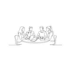 Continuous one line drawing of a business team meeting. People sitting at a table and discussing. Minimalist vector illustration of collaboration and communication.