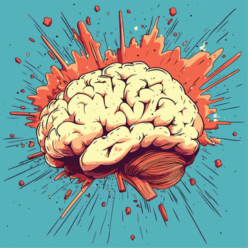 Human Brain with Exploding Fragments and Energy , vector style simple color