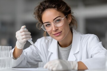 Young caucasian female scientist in laboratory using a pipette for research