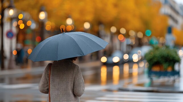 Female in autumn rain with umbrella on bustling city street