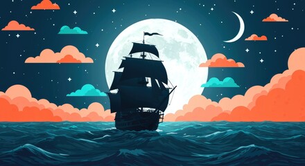 Silhouette of a Ship Sailing Under the Moonlight sea ocean night stars sky clouds water waves adventure mystery dark vessel maritime