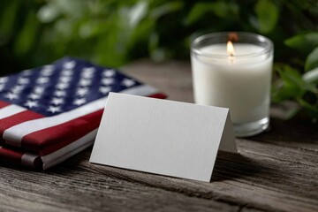 Blank card with american flag and candle on rustic table for memorial day event