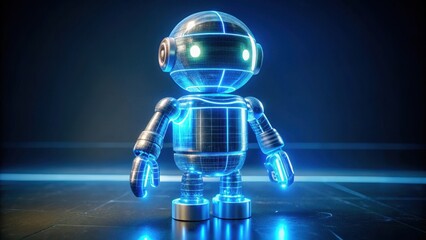 High quality photo of a cute glowing blue robot standing in sci-fi environment