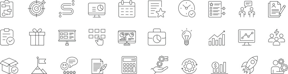 Business and Project Management Line Icons Productivity, Strategy, Planning, Analytics, Workflow, and Teamwork Symbols.