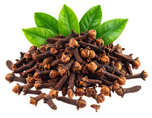 Obraz premium Fresh Green Leaves with Rustic Pile of Dried Aromatic Cloves PNG
