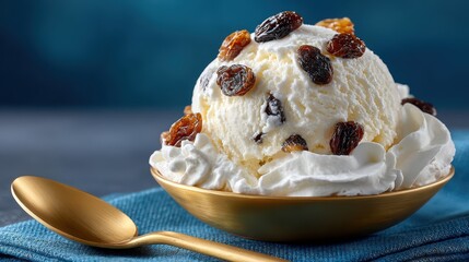 Rum raisin ice cream scoop in a bowl with whipped cream and spoon