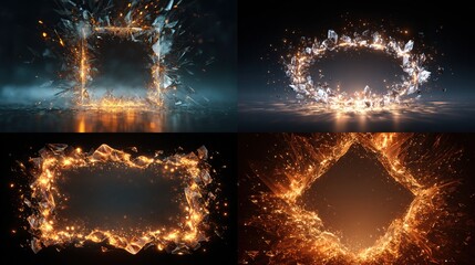 Four abstract frames burst with fiery energy, fragments of ice and dust creating glowing borders