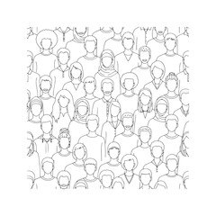 Diverse crowd of people seamless pattern. Vector illustration of multicultural community with line art icons.