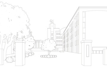 line drawing of a school entrance area, showing the building, gate posts, and landscaping