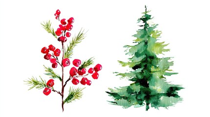 Watercolor Christmas elements, with berry branch and green tree, on white background, artistic illustration, front view, copy space