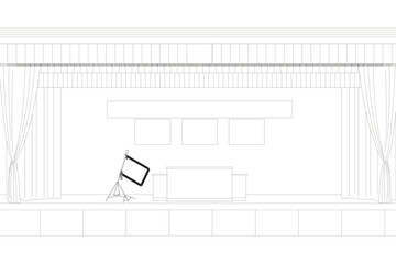  line drawing of a gymnasium stage with curtains and a podium
