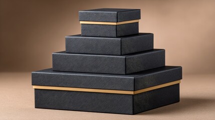 Stacked black gift boxes with gold ribbons on brown background