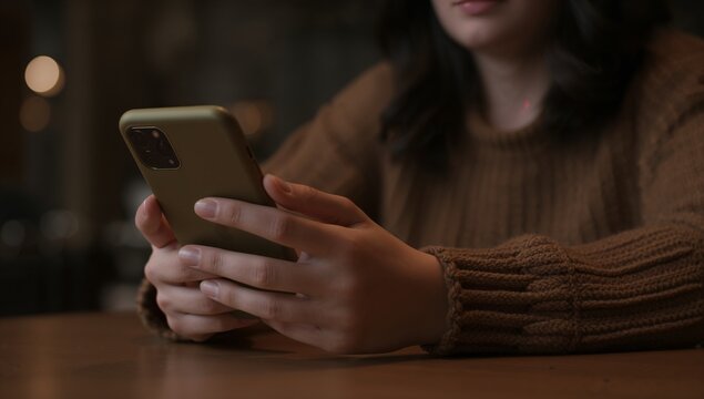 Woman engrossed in her smartphone indoors, illuminated by a warm and inviting ambient light - Powered by Adobe