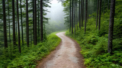 Fototapeta premium Winding path through foggy evergreen forest creates serene atmosphere
