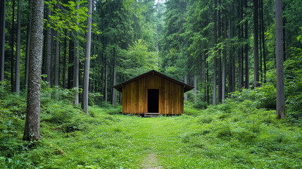 Secluded wooden cabin surrounded by tall trees and lush greenery creates serene atmosphere