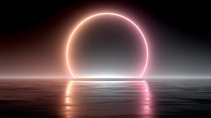 Futuristic neon ring over water surface at night