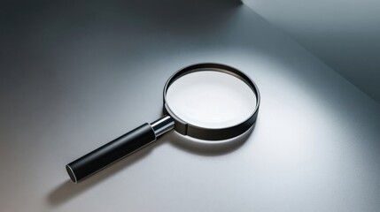 A magnifying glass with a black handle rests on a reflective silver surface,
