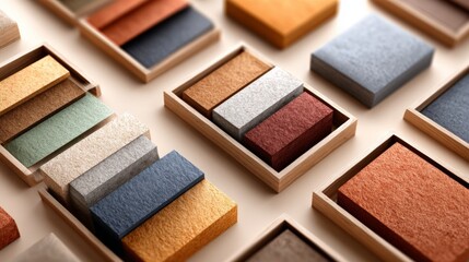 Fototapeta premium Assorted colorful fabric samples in wooden boxes displayed on light surface