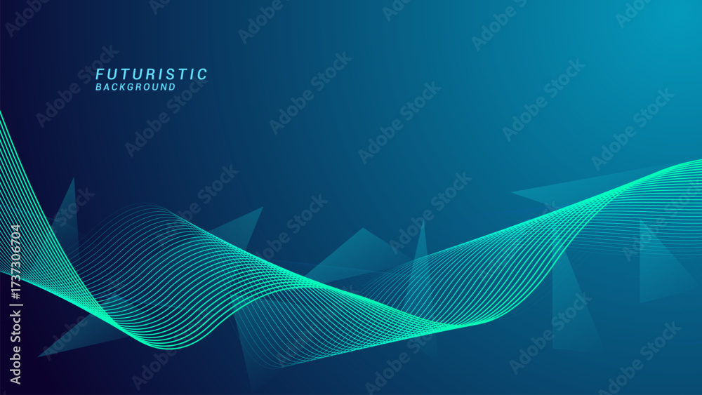 Wall mural abstract dynamic glowing line waves on a dark blue background. futuristic technology background desi