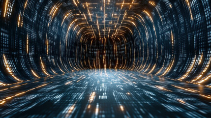 Futuristic glowing tunnel with digital patterns and lights creating depth and perspective