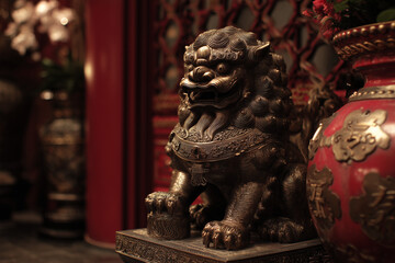 Ornate chinese foo dog guardian statue with red temple decorations and soft lighting