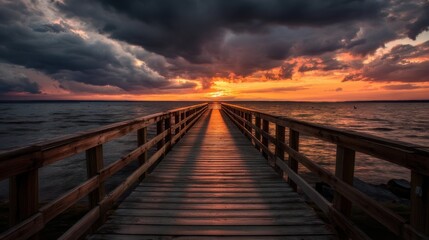 Obraz premium A wooden boardwalk stretches over calm waters under a dramatic sunset,