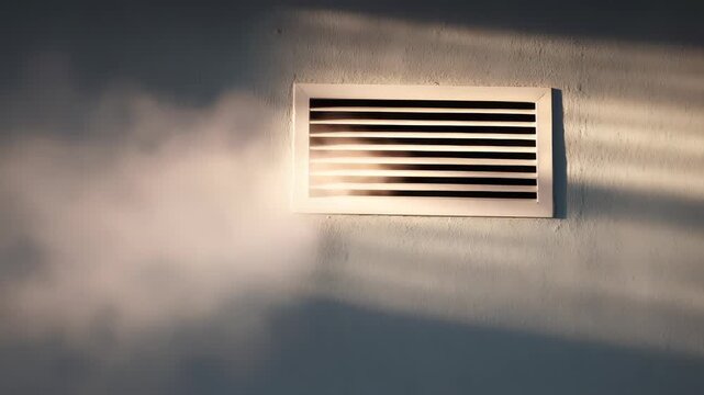 A closeup of an air vent with visible airflow illuminated by sunlight, emphasizing ventilation and air quality. The image conveys modern home design and healthy living environments