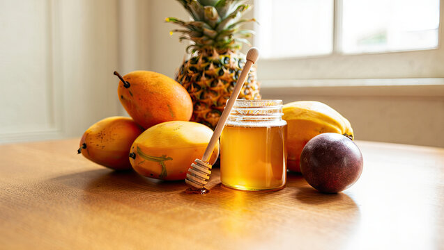 A rustic still life arrangement of fresh produce on a weathered wooden table, captured in exquisite detail. The composition includes a basket of ripe red apples, clusters of grapes, golden pears, and - Powered by Adobe