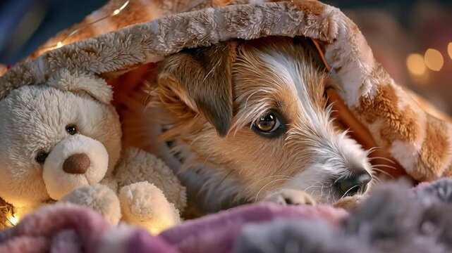 Pet Humanization of dog cuddling teddy bear under blanket watching TV, cozy adorable funny canine lifestyle stock photo, domestic pet humor concept for family comfort vibes.