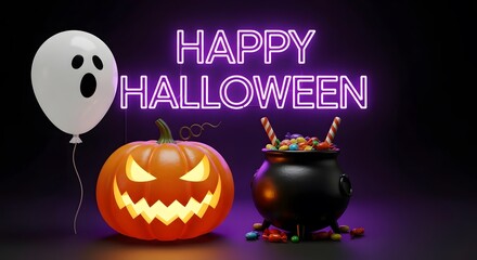 Spooky halloween night with glowing jack o lantern ghost balloon and cauldron full of candy under neon sign
