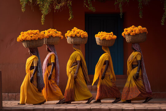Women in Nauvari Sarees Carrying Marigold Baskets