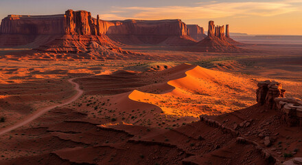 Fototapeta premium The iconic sandstone buttes of Monument Valley glow at golden hour, a perfect majestic landscape for travel, western themes, and natural beauty
