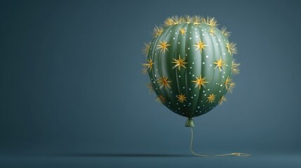 A festive holiday-themed art piece featuring a cactus-shaped hot air balloon adorned with yellow star decorations,