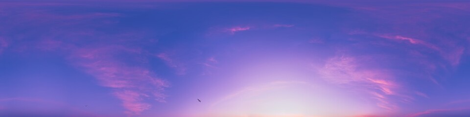 Sunset sky with bright glowing pink Cirrus clouds. Seamless spherical HDR 360 panorama. Full zenith or sky dome in 3D, sky replacement for aerial drone panoramas. Climate and weather change.