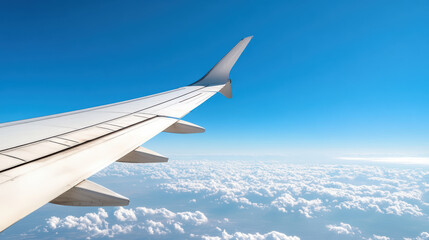 Obraz premium Aerial view of airplane wing against clear blue sky and fluffy clouds, evoking sense of freedom