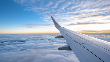 Obraz premium Aerial view of airplane wing above clouds during sunset, showcasing serene sky and soft clouds