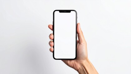 Hand Holding Black Framed Smartphone Against White Background in Bright Direct Sunlight with Blank White Screen Highlighting Contemporary Minimalist Concept