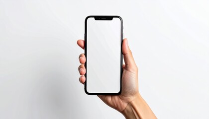 Hand Holding Black Framed Mobile Phone Against Plain White Background Highlighting Minimalist Design and Modern Technology Display Mockup