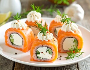 Delicious Salmon Sushi Rolls with Cream Cheese.