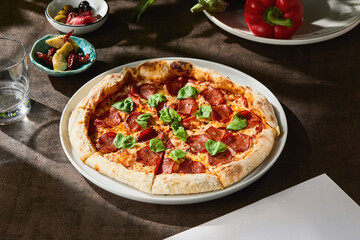 Pepperoni pizza on white plate, bright natural lighting, rustic overhead composition