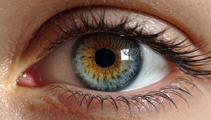 Close-up shot of a human eye featuring a striking mix of blue and amber hues, detailed eyelashes,