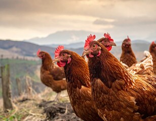 Group of Brown Chickens with Red Combs in Rural Landscape on Cloudy Day at Sunset