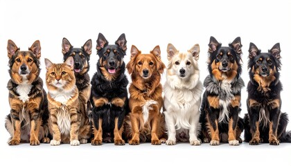 Group of Eight Dogs and One Cat Sitting Closely Together on White Background