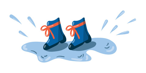 Pair of blue rubber boots with a red bow in a puddle with splashes. Cute waterproof footwear in doodle. Hand-drawn. For autumn, spring, rainy day concept. Isolated design element on white background