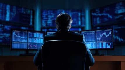 Business professional analyzing financial data on multiple screens in a modern office environment