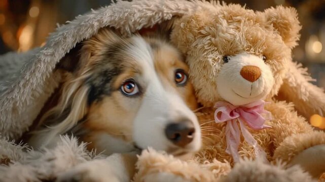 Pet Humanization of dog cuddling teddy bear under blanket watching TV, cozy adorable funny canine lifestyle stock photo, domestic pet humor concept for family comfort vibes.