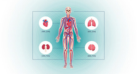 A medical infographic of human anatomy, detailing major organs and the vascular system, perfect for educational and healthcare presentations